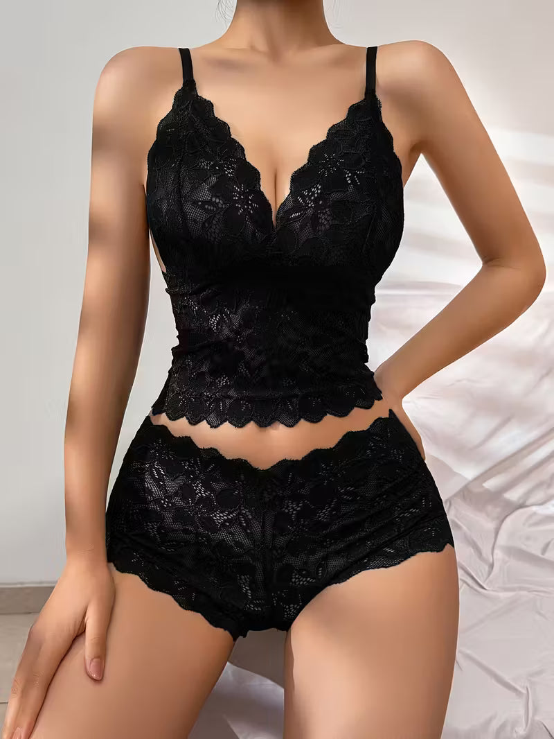 V-Neck Floral Bralette & Lace Boyshort Set.