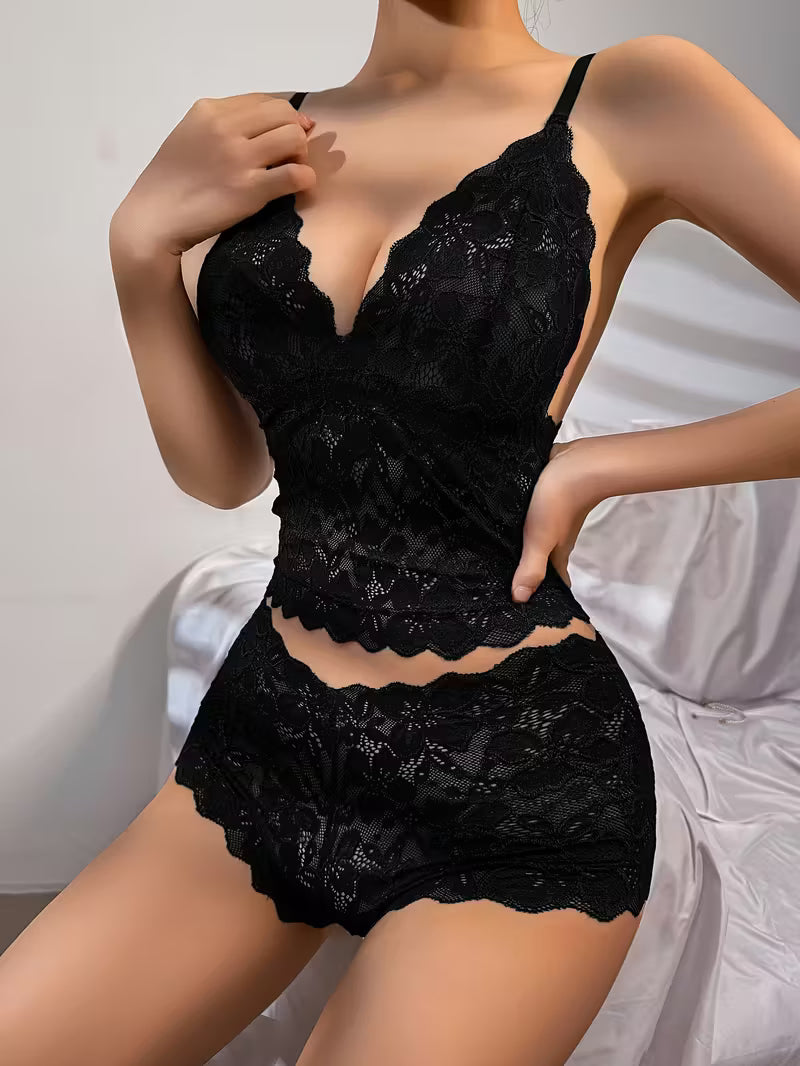 V-Neck Floral Bralette & Lace Boyshort Set.