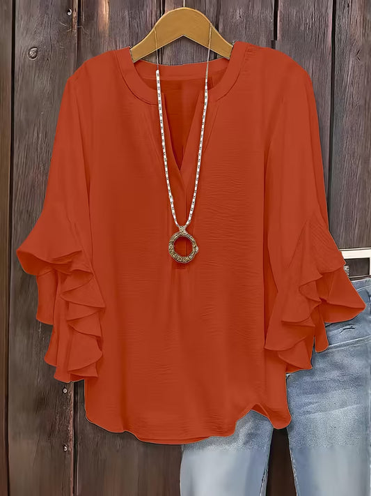 V-Neck Ruffle Three-Quarter Sleeve Tops.