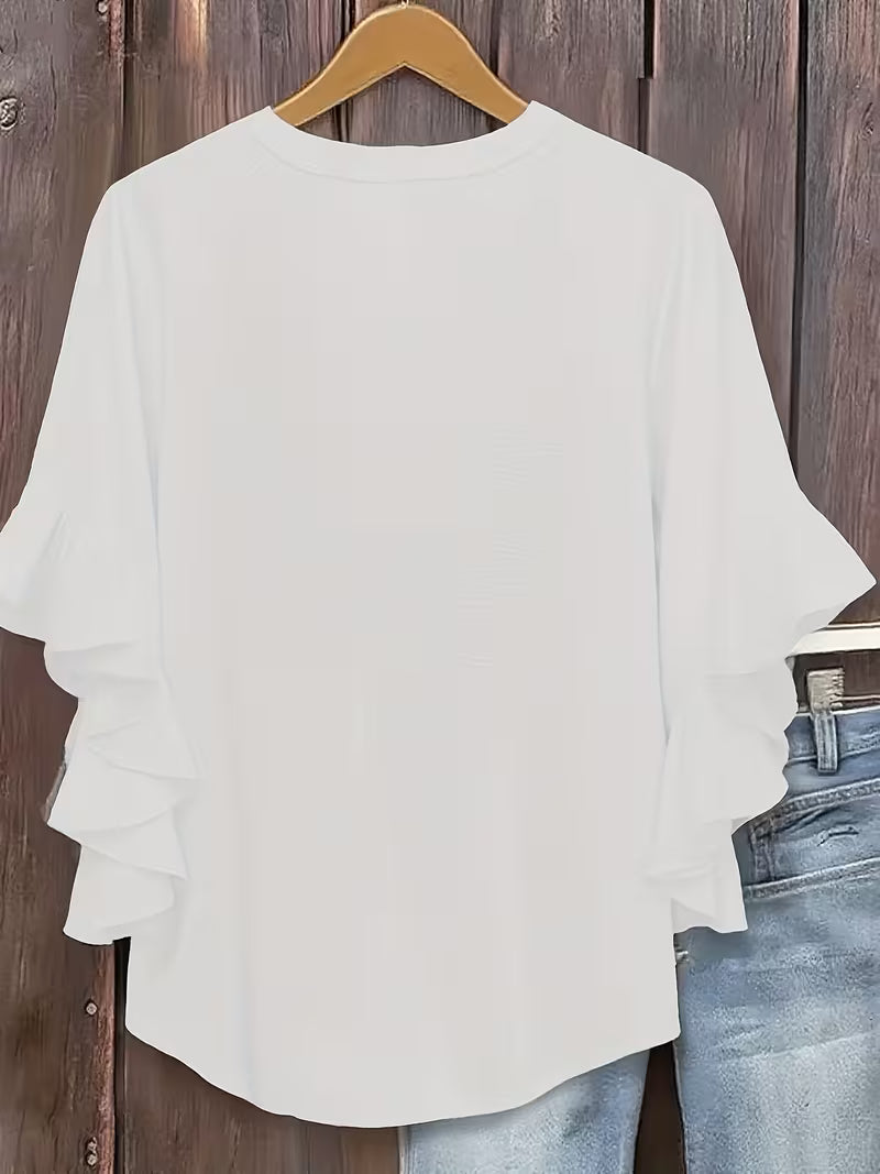 V-Neck Ruffle Three-Quarter Sleeve Tops.
