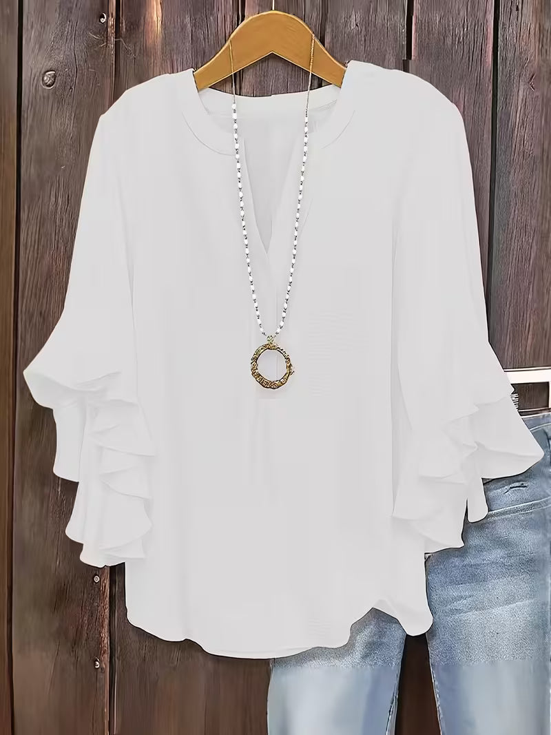 V-Neck Ruffle Three-Quarter Sleeve Tops.
