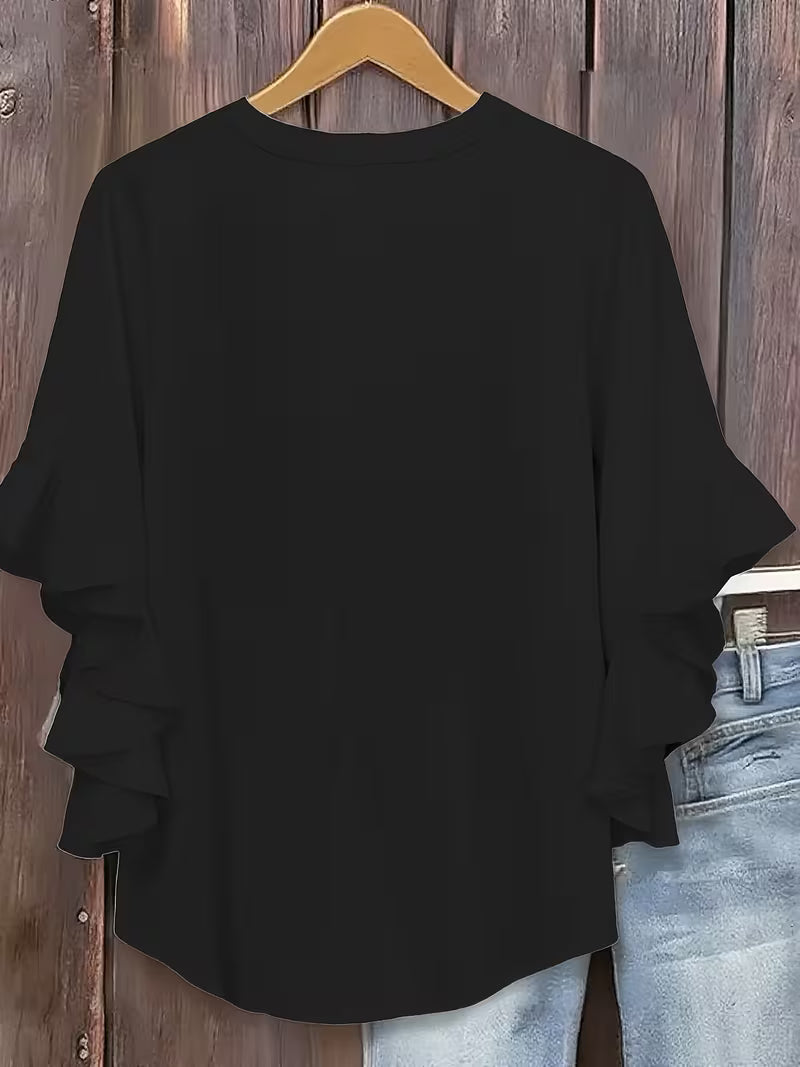 V-Neck Ruffle Three-Quarter Sleeve Tops.
