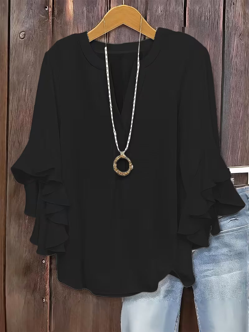 V-Neck Ruffle Three-Quarter Sleeve Tops.