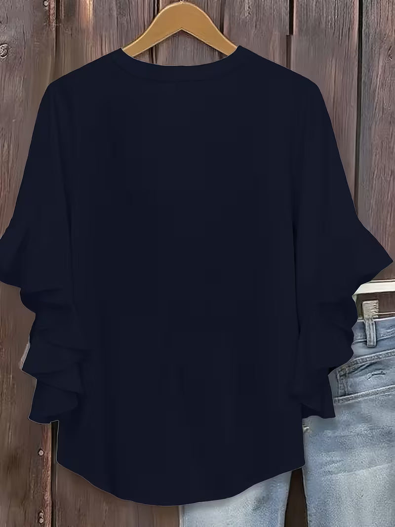V-Neck Ruffle Three-Quarter Sleeve Tops.