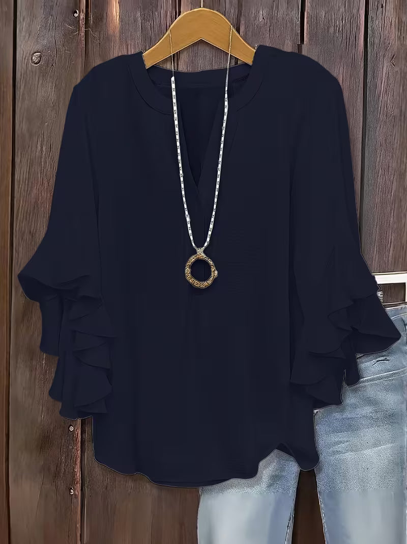 V-Neck Ruffle Three-Quarter Sleeve Tops.