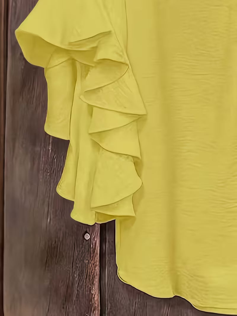 V-Neck Ruffle Three-Quarter Sleeve Tops.