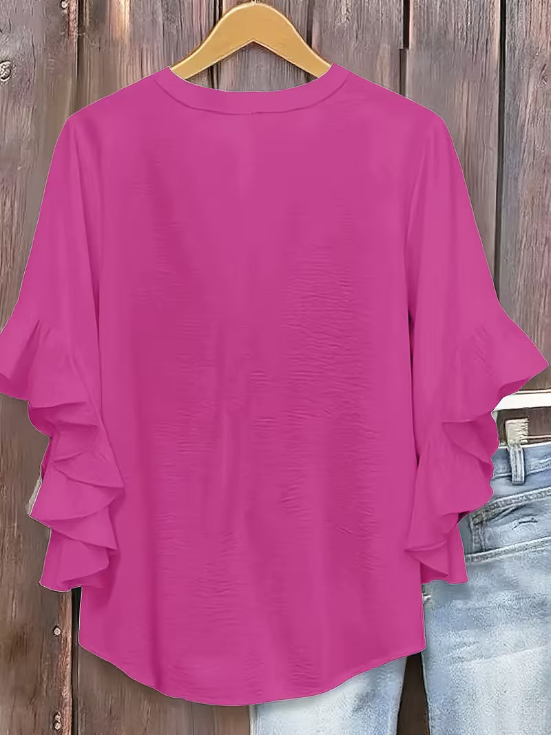 V-Neck Ruffle Three-Quarter Sleeve Tops.