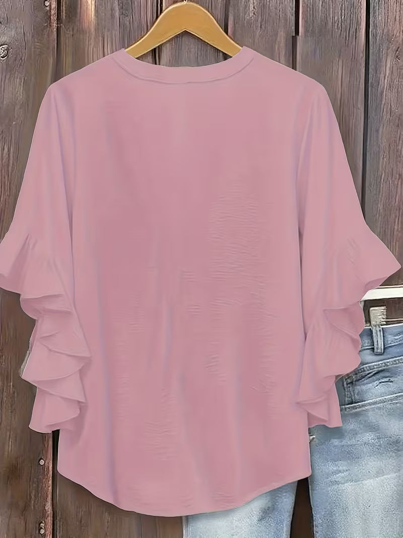 V-Neck Ruffle Three-Quarter Sleeve Tops.
