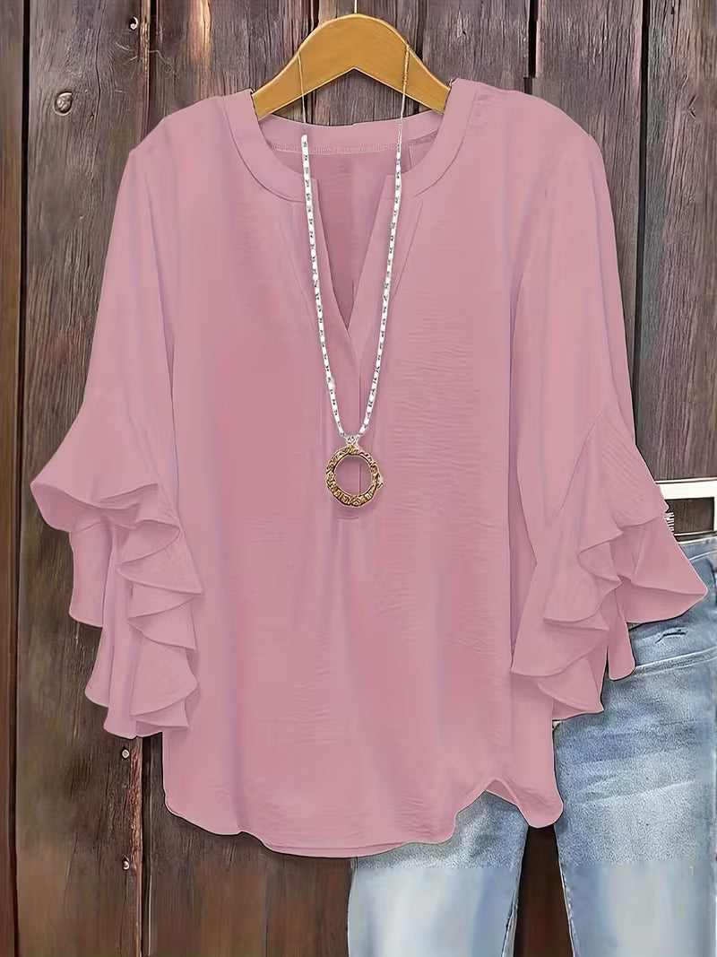 V-Neck Ruffle Three-Quarter Sleeve Tops.