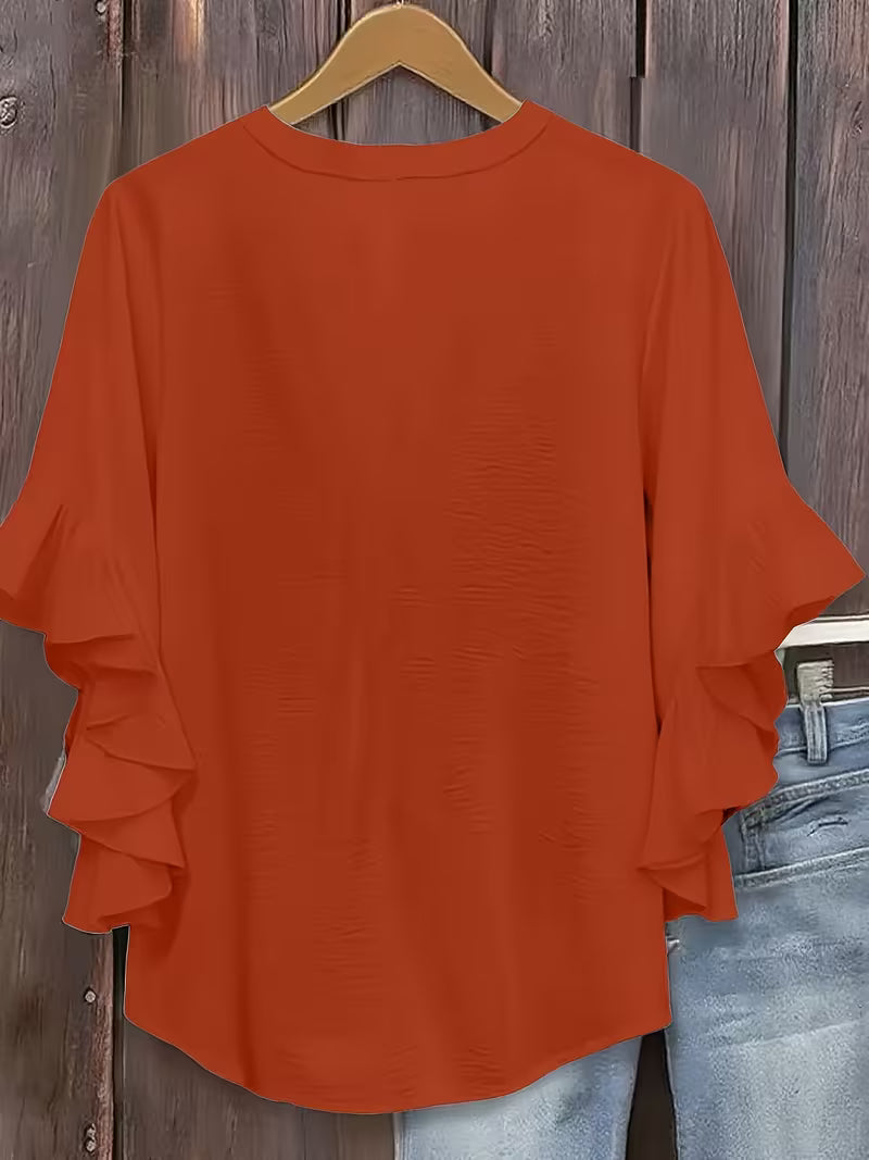 V-Neck Ruffle Three-Quarter Sleeve Tops.