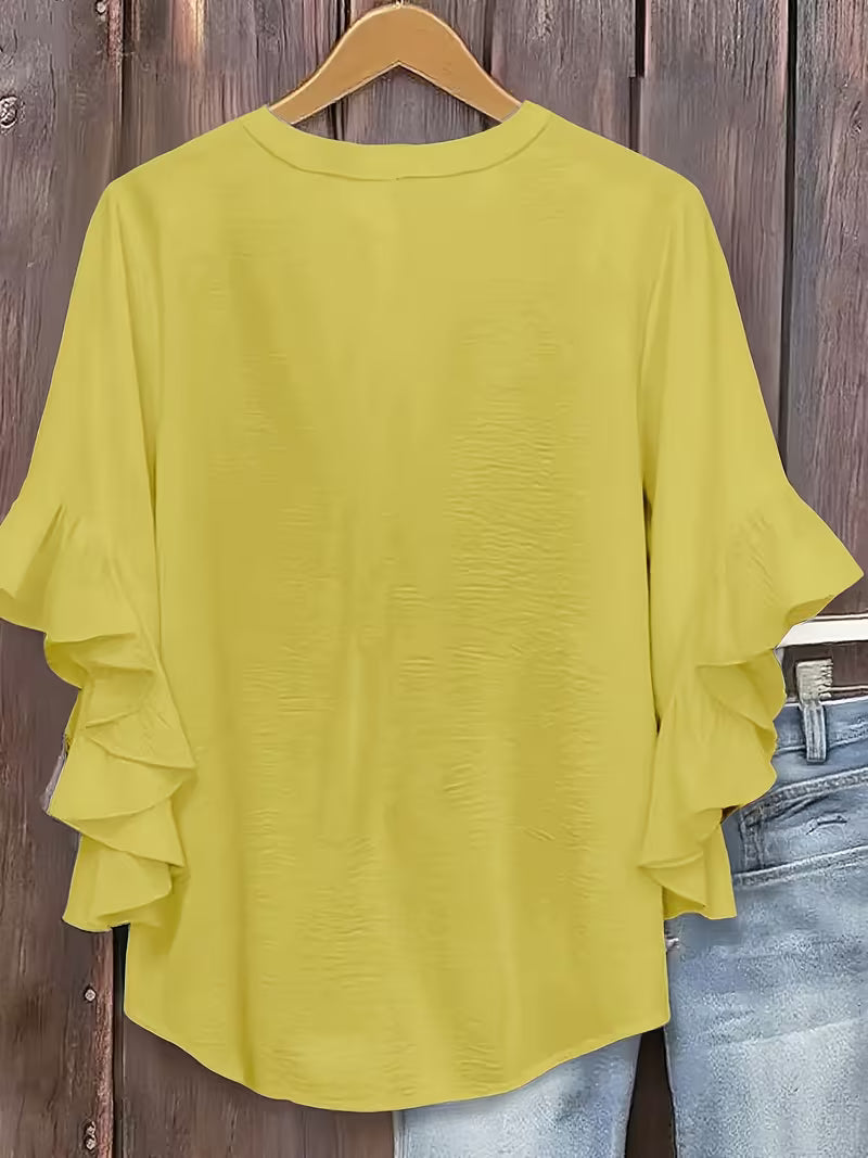 V-Neck Ruffle Three-Quarter Sleeve Tops.