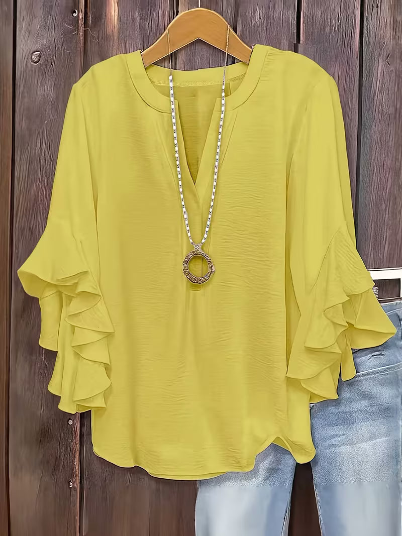 V-Neck Ruffle Three-Quarter Sleeve Tops.