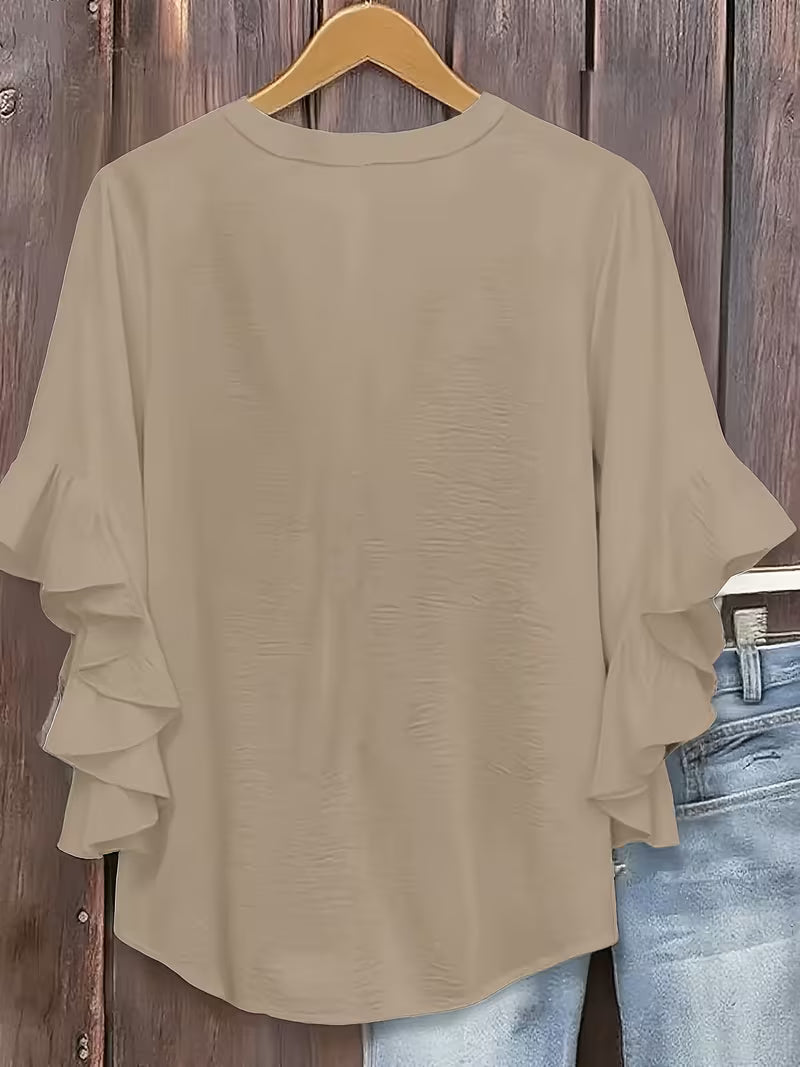 V-Neck Ruffle Three-Quarter Sleeve Tops.