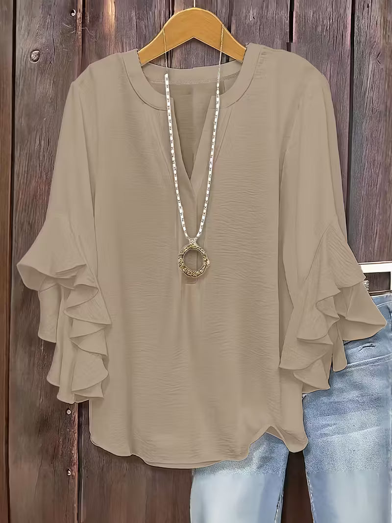 V-Neck Ruffle Three-Quarter Sleeve Tops.