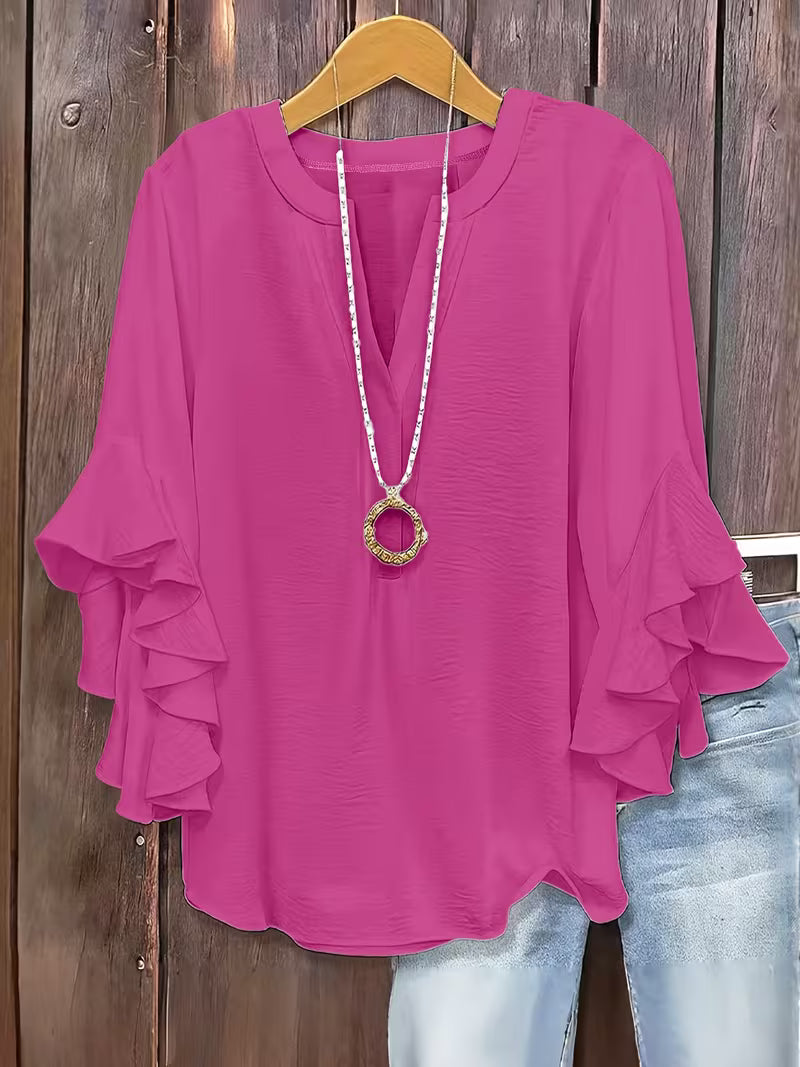 V-Neck Ruffle Three-Quarter Sleeve Tops.