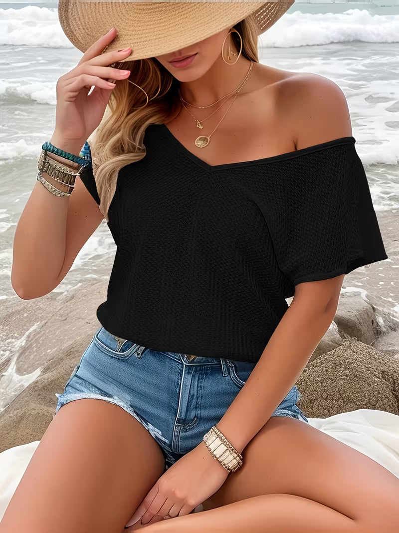 V-Neck Short Sleeve Blouse Tops.