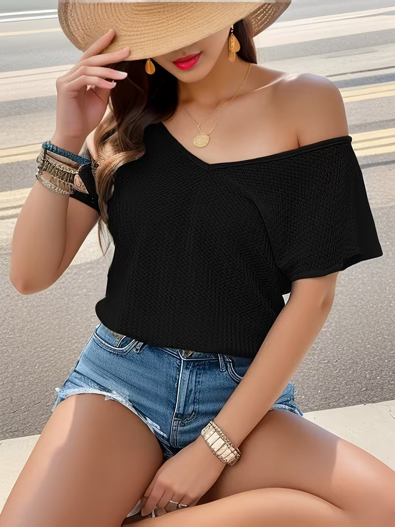 V-Neck Short Sleeve Blouse Tops.
