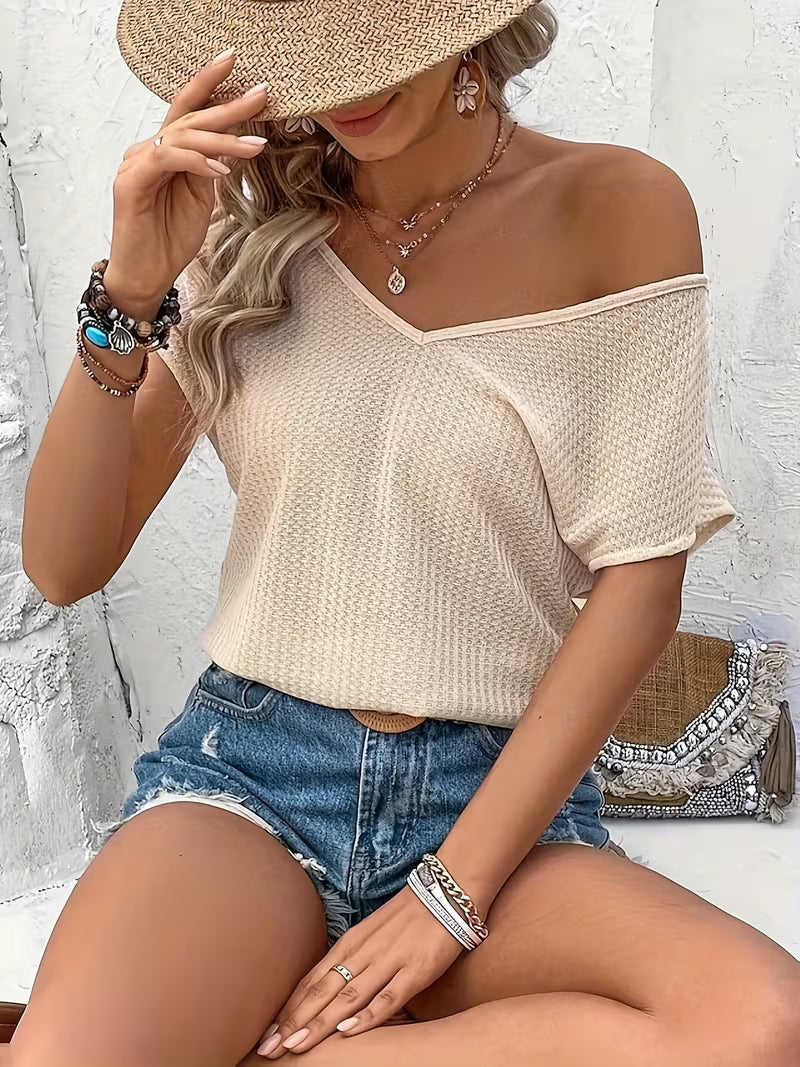 V-Neck Short Sleeve Blouse Tops.