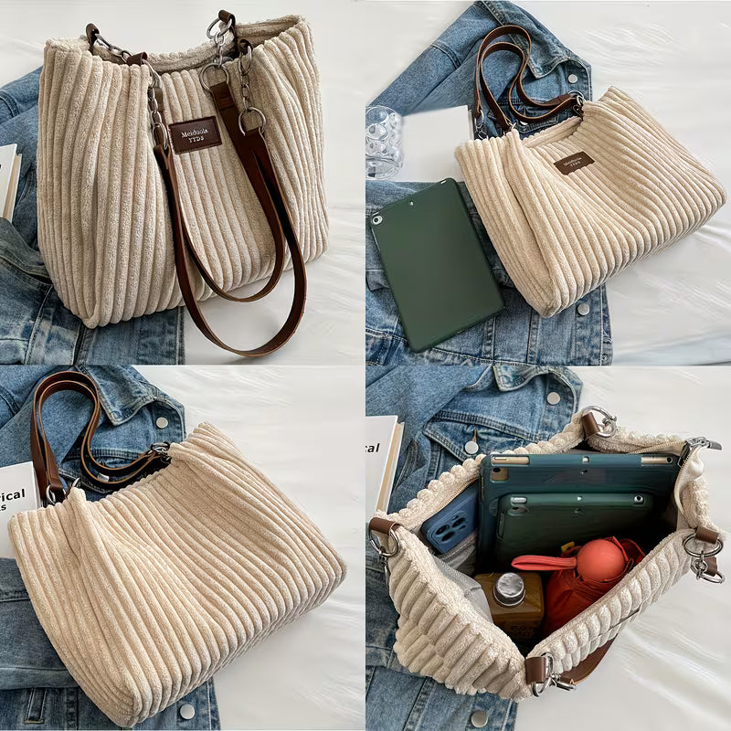 Versatile Large-Capacity Corduroy Handbag.