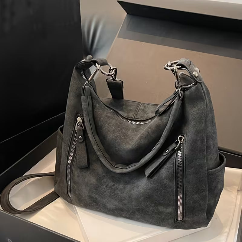 Vintage Multi-Pocket Tote Bag Spacious Zip Closure Shoulder Bags.