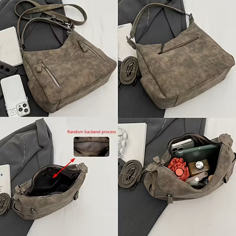 Vintage Multi-Pocket Tote Bag Spacious Zip Closure Shoulder Bags.