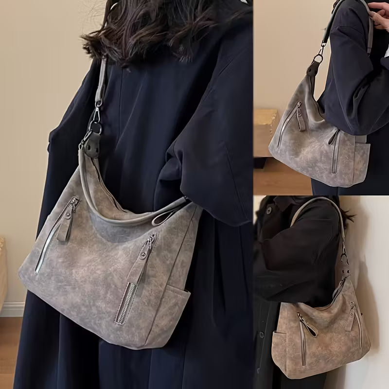 Vintage Multi-Pocket Tote Bag Spacious Zip Closure Shoulder Bags.