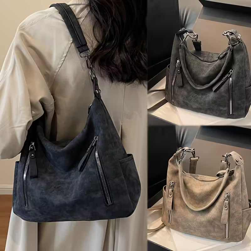 Vintage Multi-Pocket Tote Bag Spacious Zip Closure Shoulder Bags.