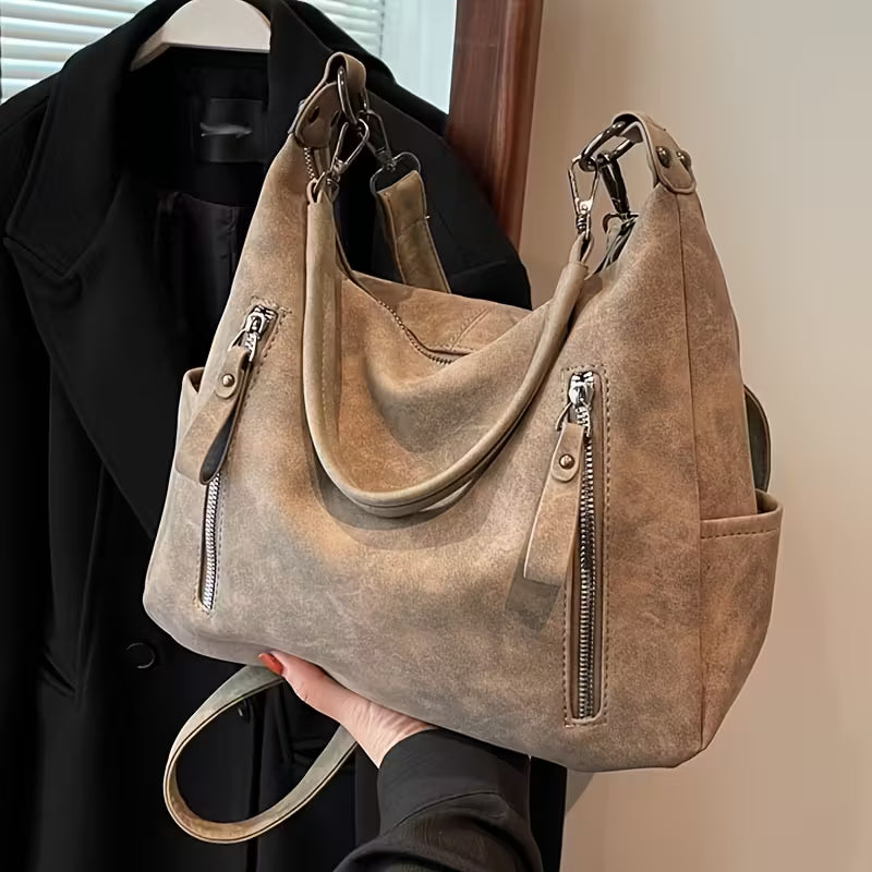 Vintage Multi-Pocket Tote Bag Spacious Zip Closure Shoulder Bags.