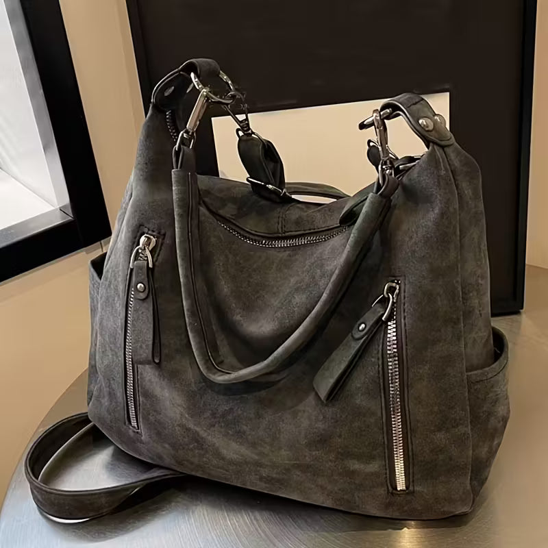 Vintage Multi-Pocket Tote Bag Spacious Zip Closure Shoulder Bags.