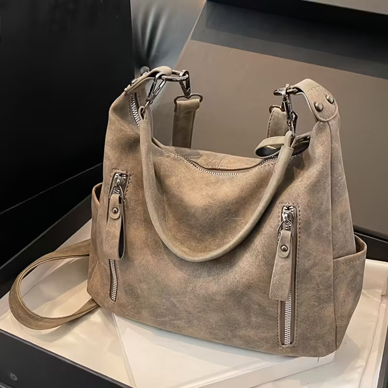 Vintage Multi-Pocket Tote Bag Spacious Zip Closure Shoulder Bags.