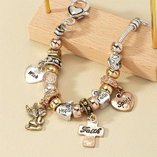 Vintage Vacation with Cross, Heart & Angel Charms Bracelet.