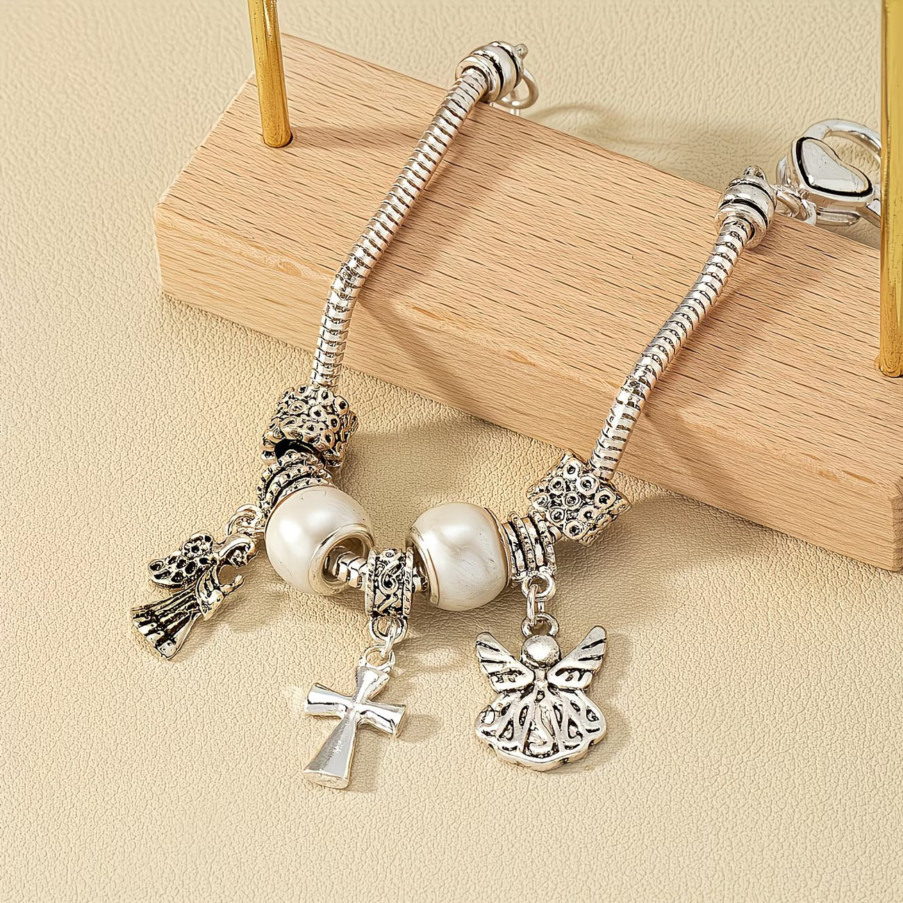 Vintage Vacation with Cross, Heart & Angel Charms Bracelet.