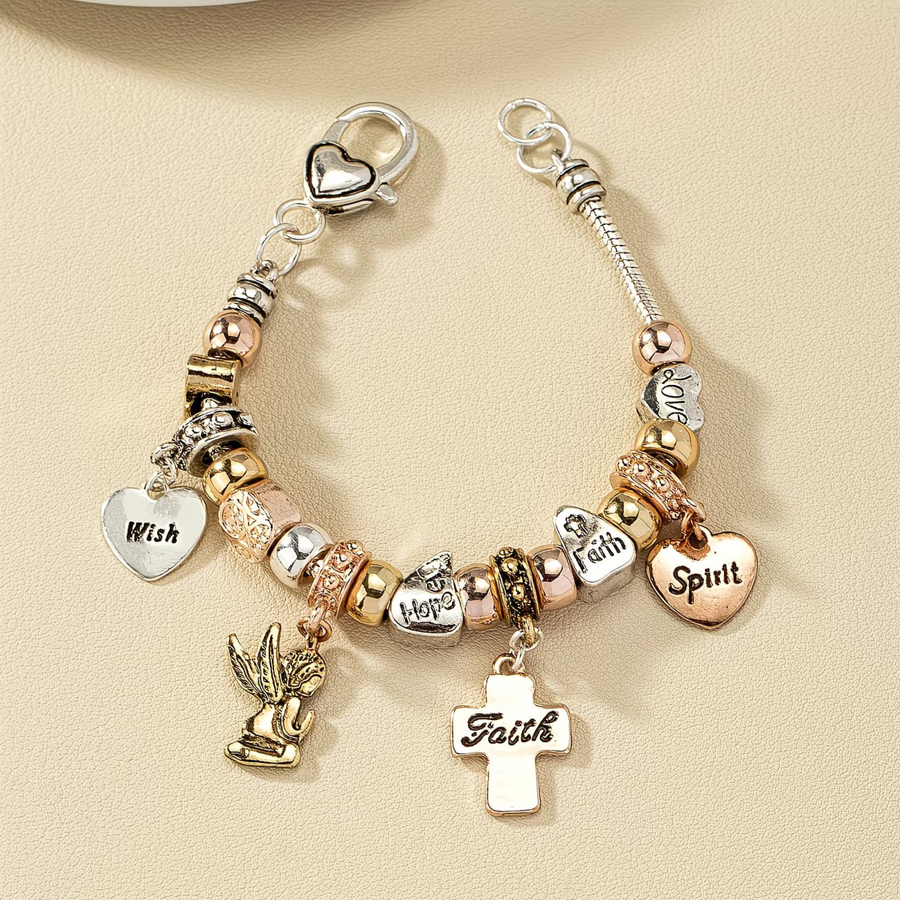 Vintage Vacation with Cross, Heart & Angel Charms Bracelet.