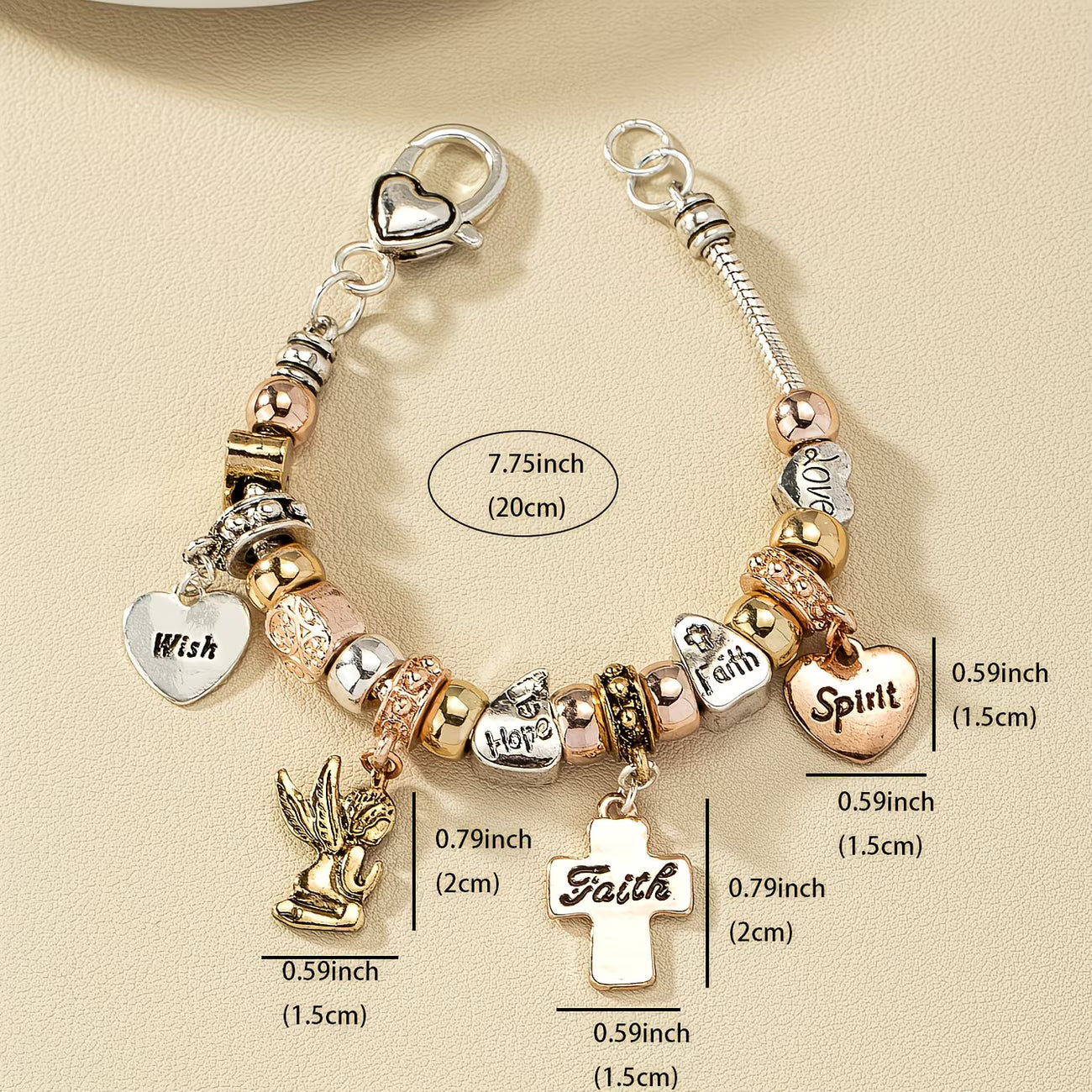 Vintage Vacation with Cross, Heart & Angel Charms Bracelet.
