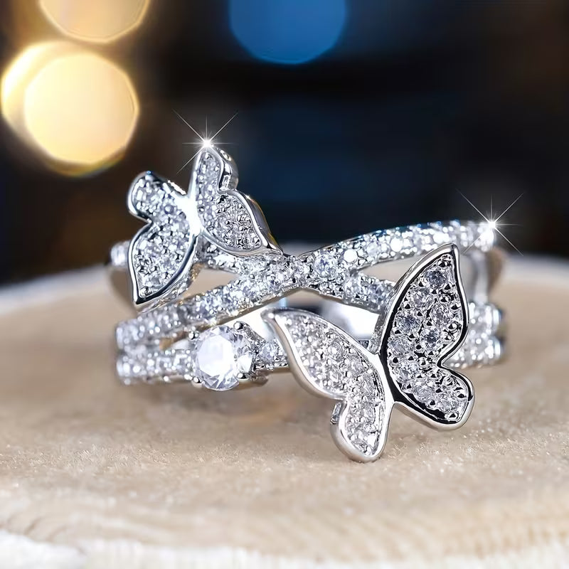 White K Plated Wide Thread-Feel Butterfly Rings.