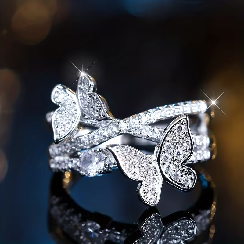 White K Plated Wide Thread-Feel Butterfly Rings.