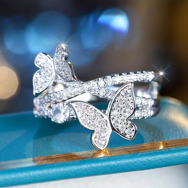 White K Plated Wide Thread-Feel Butterfly Rings.
