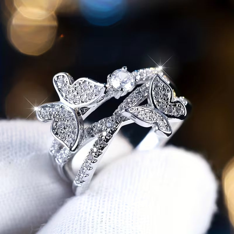 White K Plated Wide Thread-Feel Butterfly Rings.