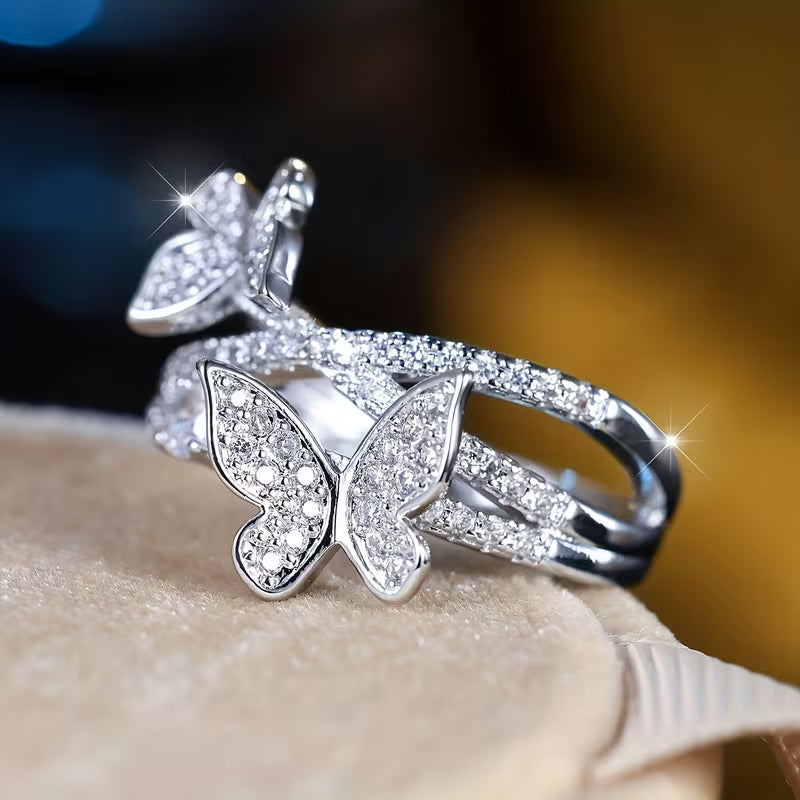 White K Plated Wide Thread-Feel Butterfly Rings.
