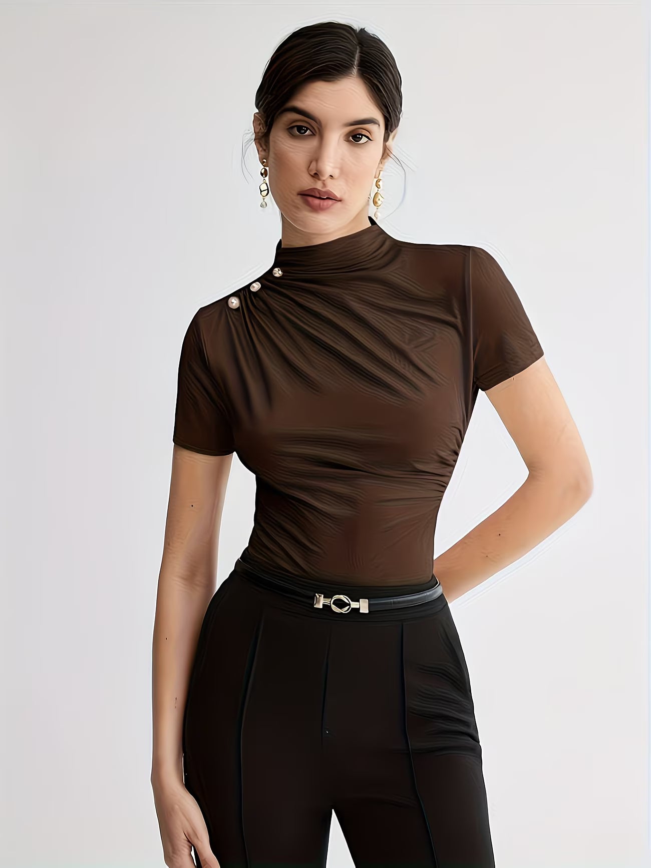 Women’s Elegant Button-Shoulder Tee.