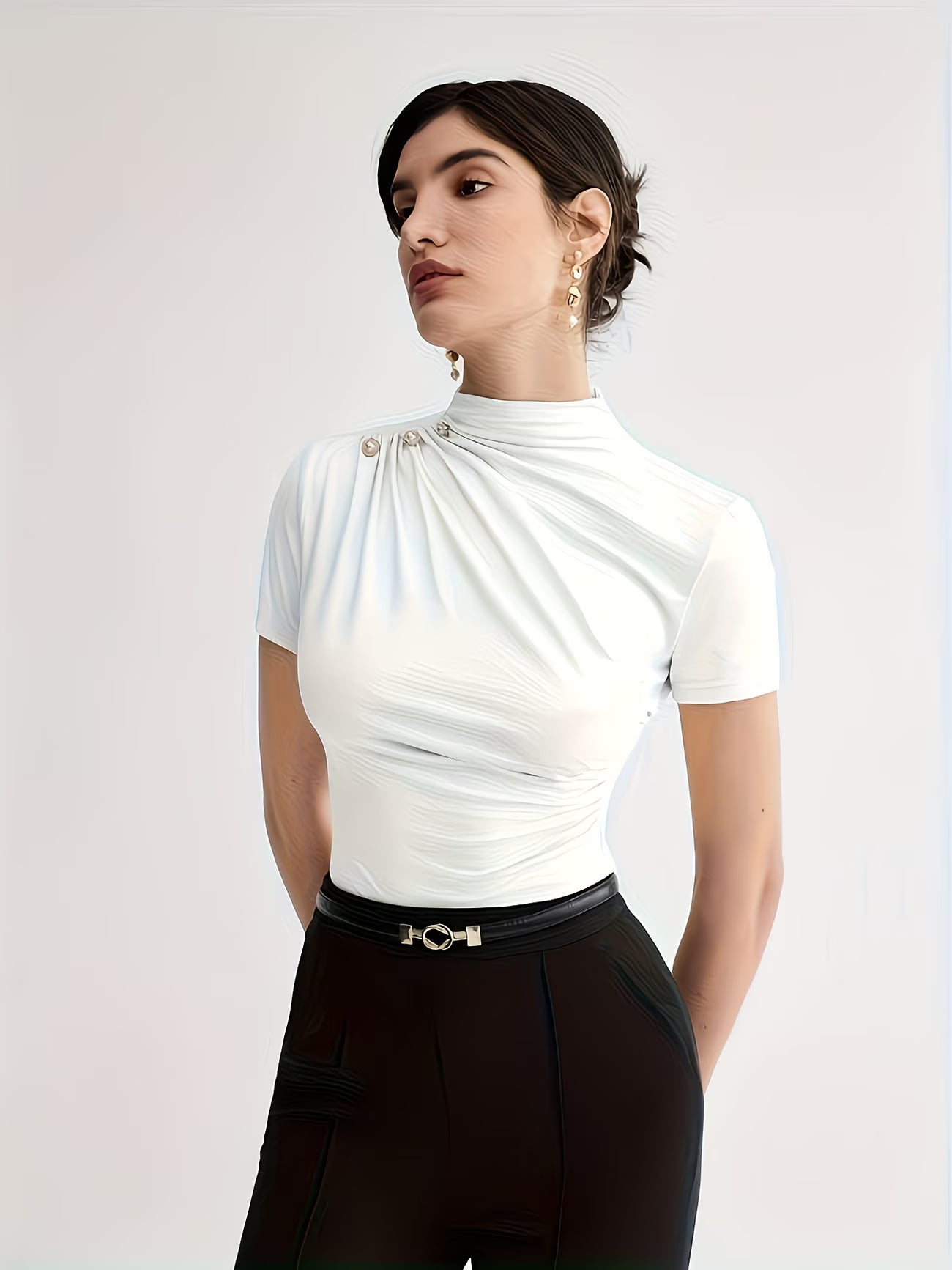 Women’s Elegant Button-Shoulder Tee.