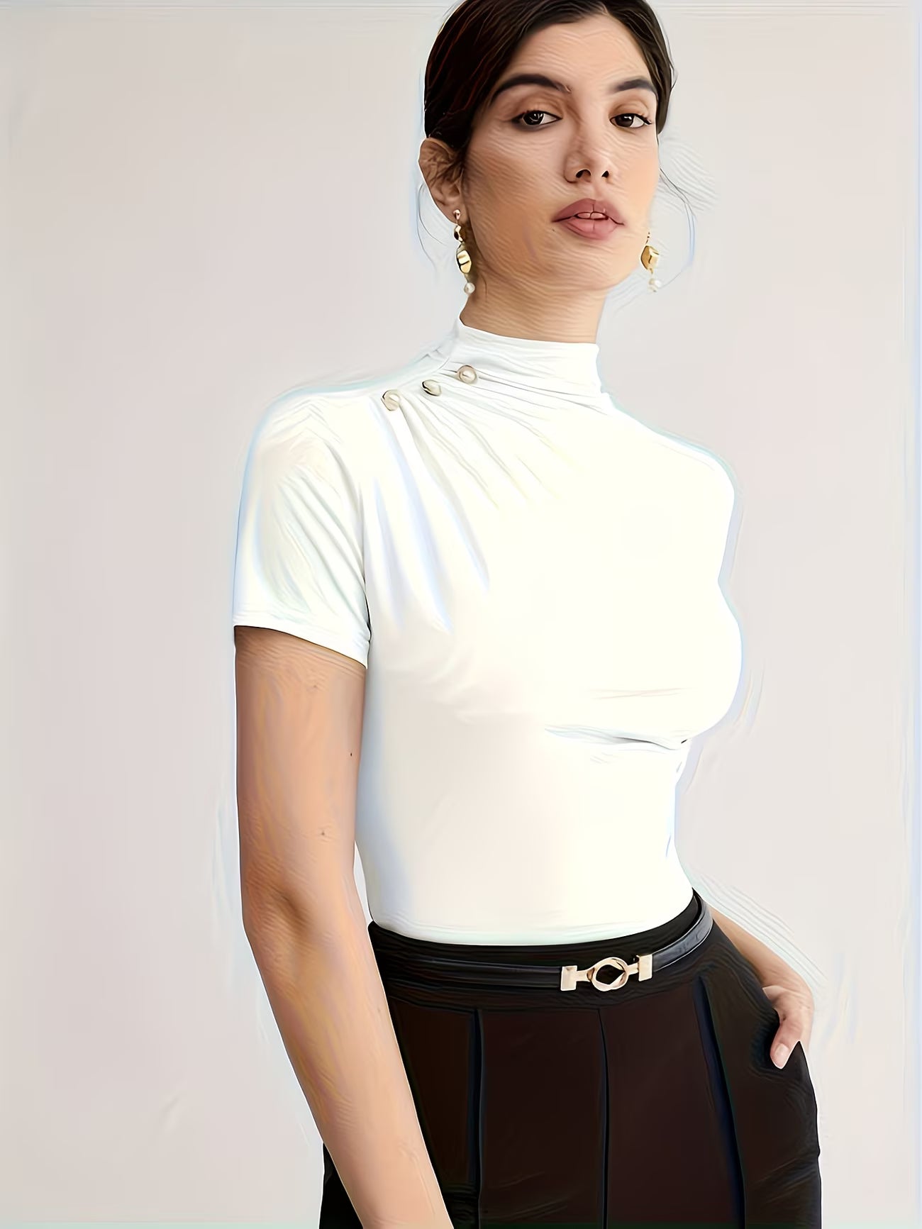 Women’s Elegant Button-Shoulder Tee.