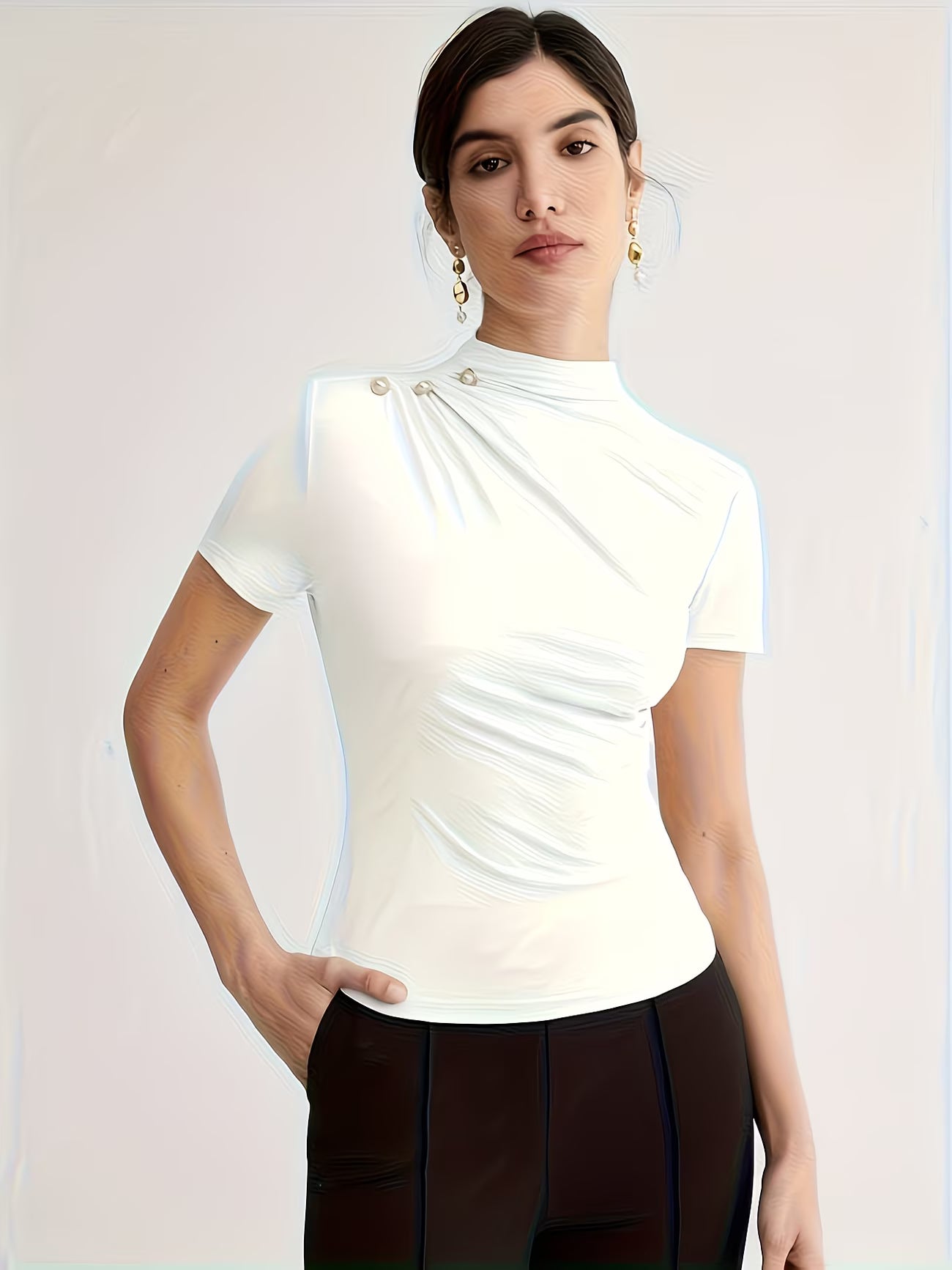 Women’s Elegant Button-Shoulder Tee.