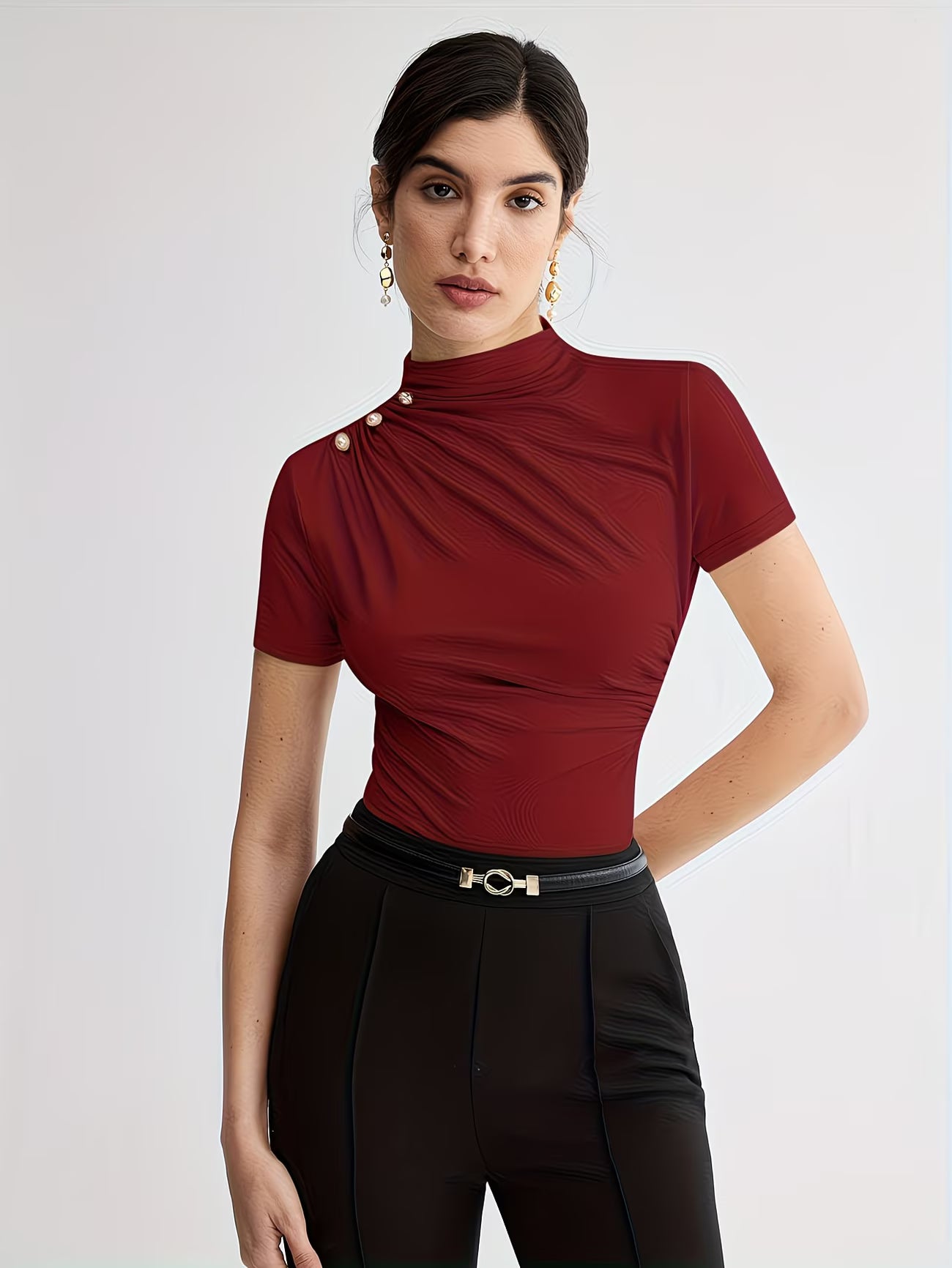 Women’s Elegant Button-Shoulder Tee.