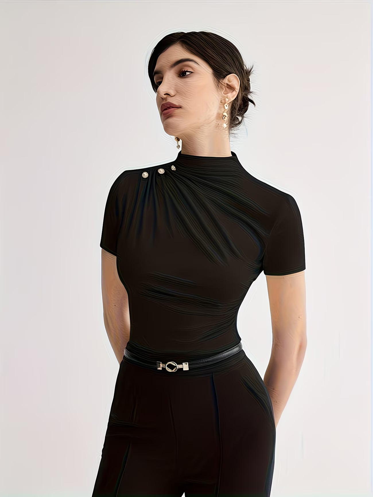Women’s Elegant Button-Shoulder Tee.