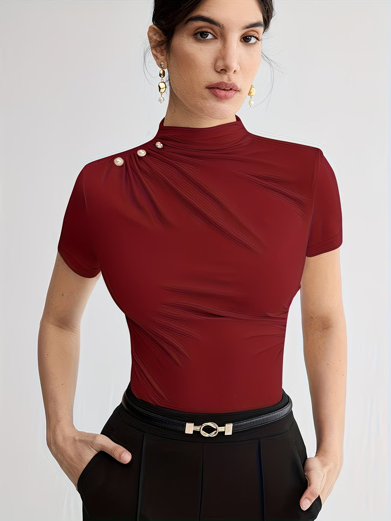 Women’s Elegant Button-Shoulder Tee.