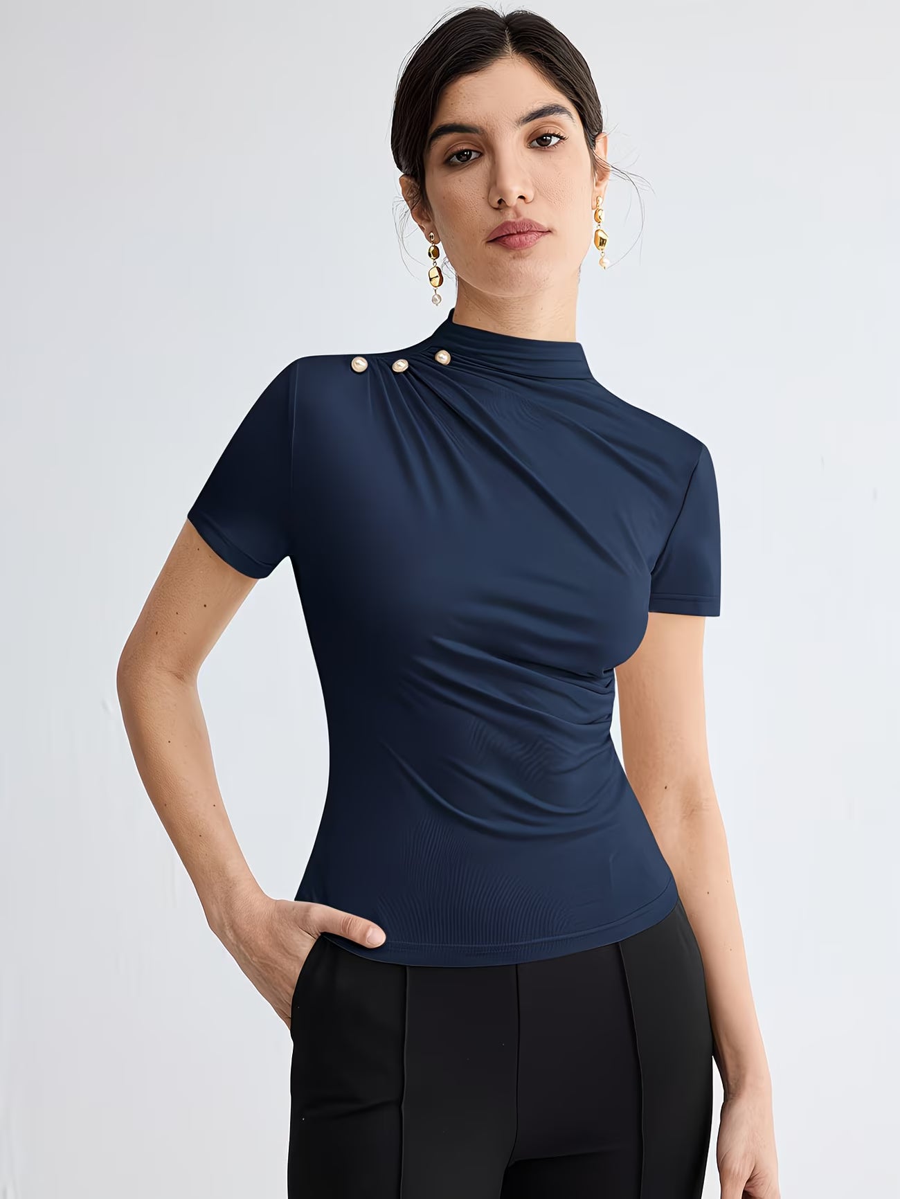Women’s Elegant Button-Shoulder Tee.
