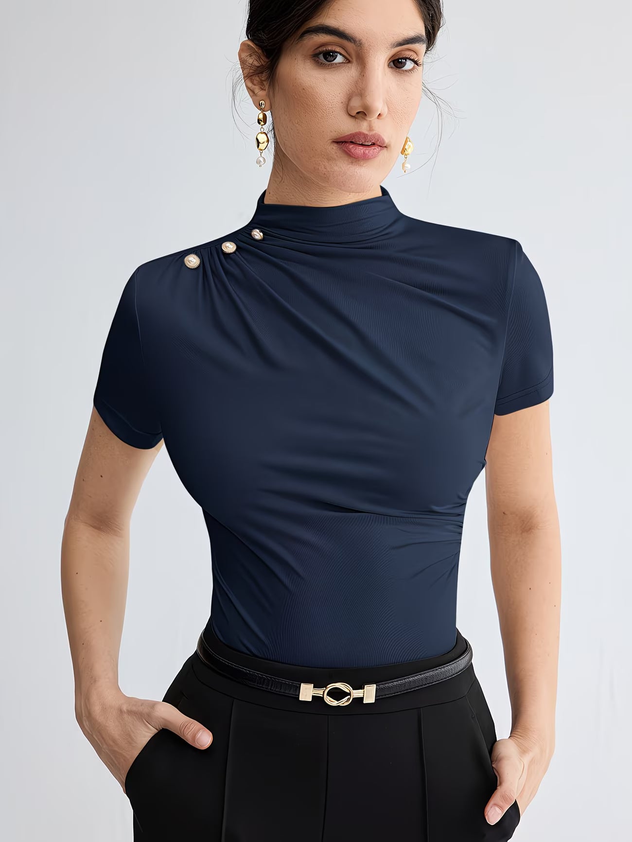 Women’s Elegant Button-Shoulder Tee.