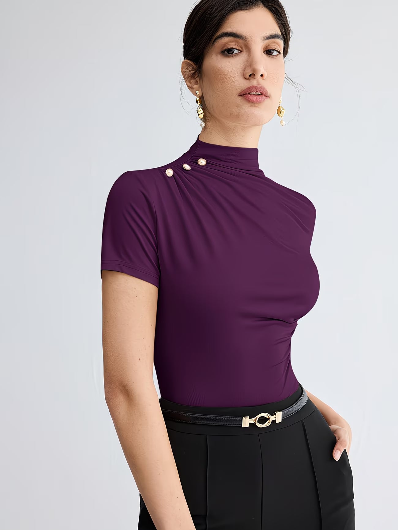 Women’s Elegant Button-Shoulder Tee.