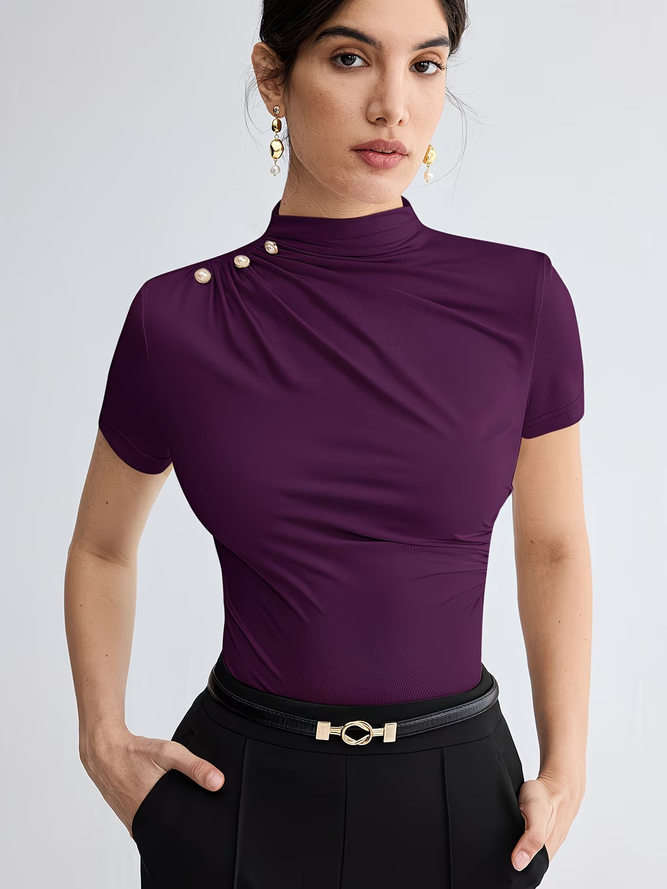 Women’s Elegant Button-Shoulder Tee.